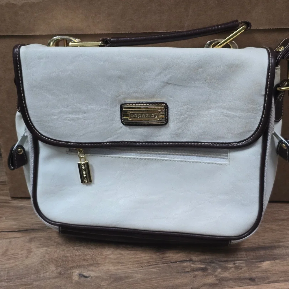 Capezio Vintage White Brown Two Tone Satchel Crossbody Bag Gold Hardware